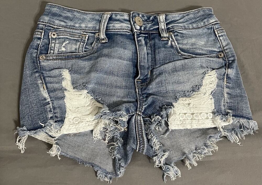 American Eagle Shortie Denim Shorts Womens Size 2 Distressed Frayed Cutoff Lace